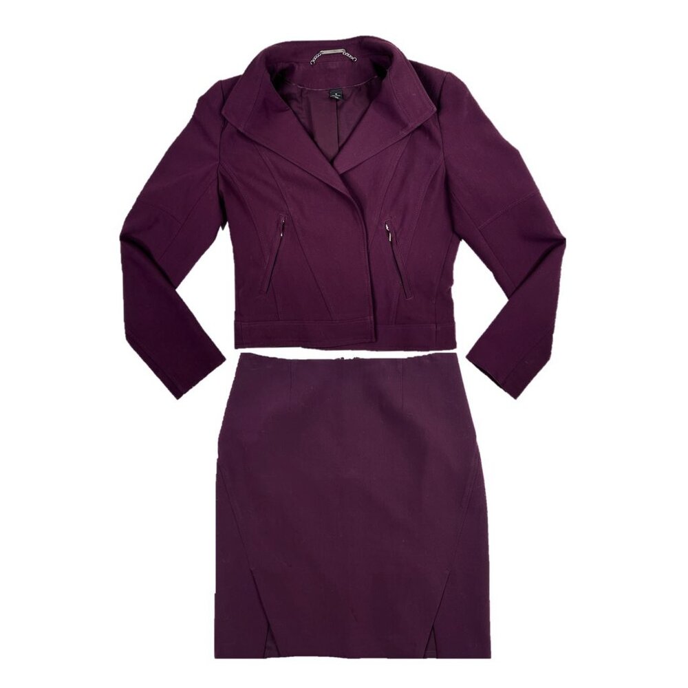 WHBM Stitched Shoulder Open Front Semi-Cropped Moto Blazer Skirt Set Size 10 - Picture 2 of 16